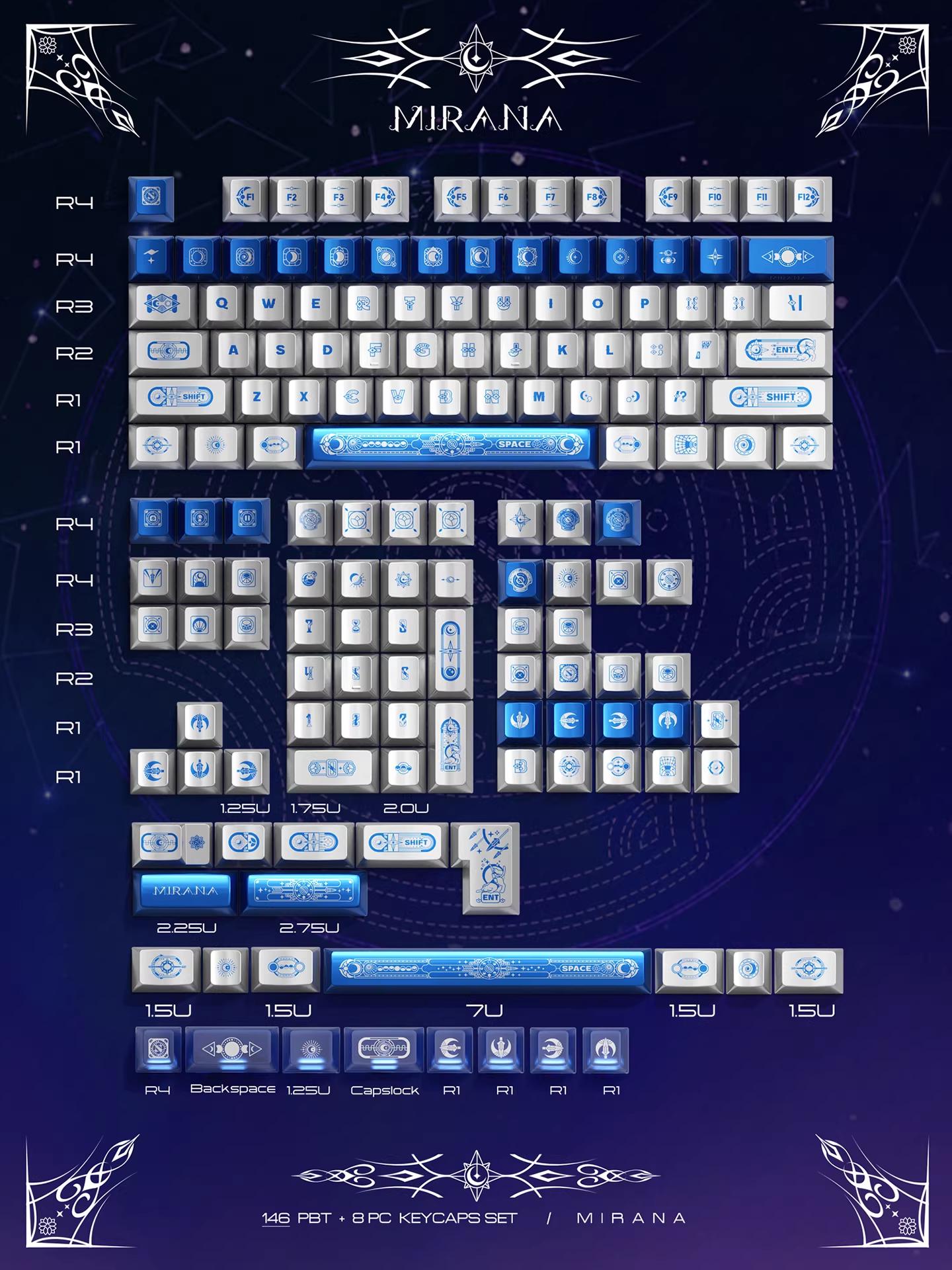 PIIFOX Blue Star and Moon Priestess / Mirana Chrome Keycaps Cherry Profile Dye Sub PBT+PC Keycap 154-Keys