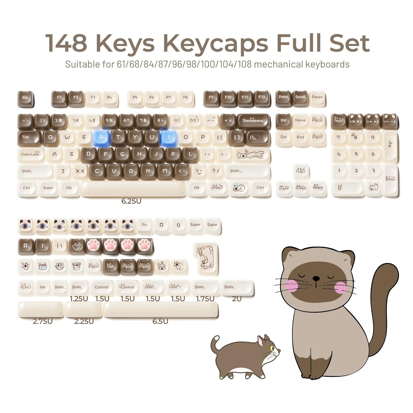 XVX House Cat Siamese MAO Profile UV-Print PC Plastic Keycaps (148-Key)