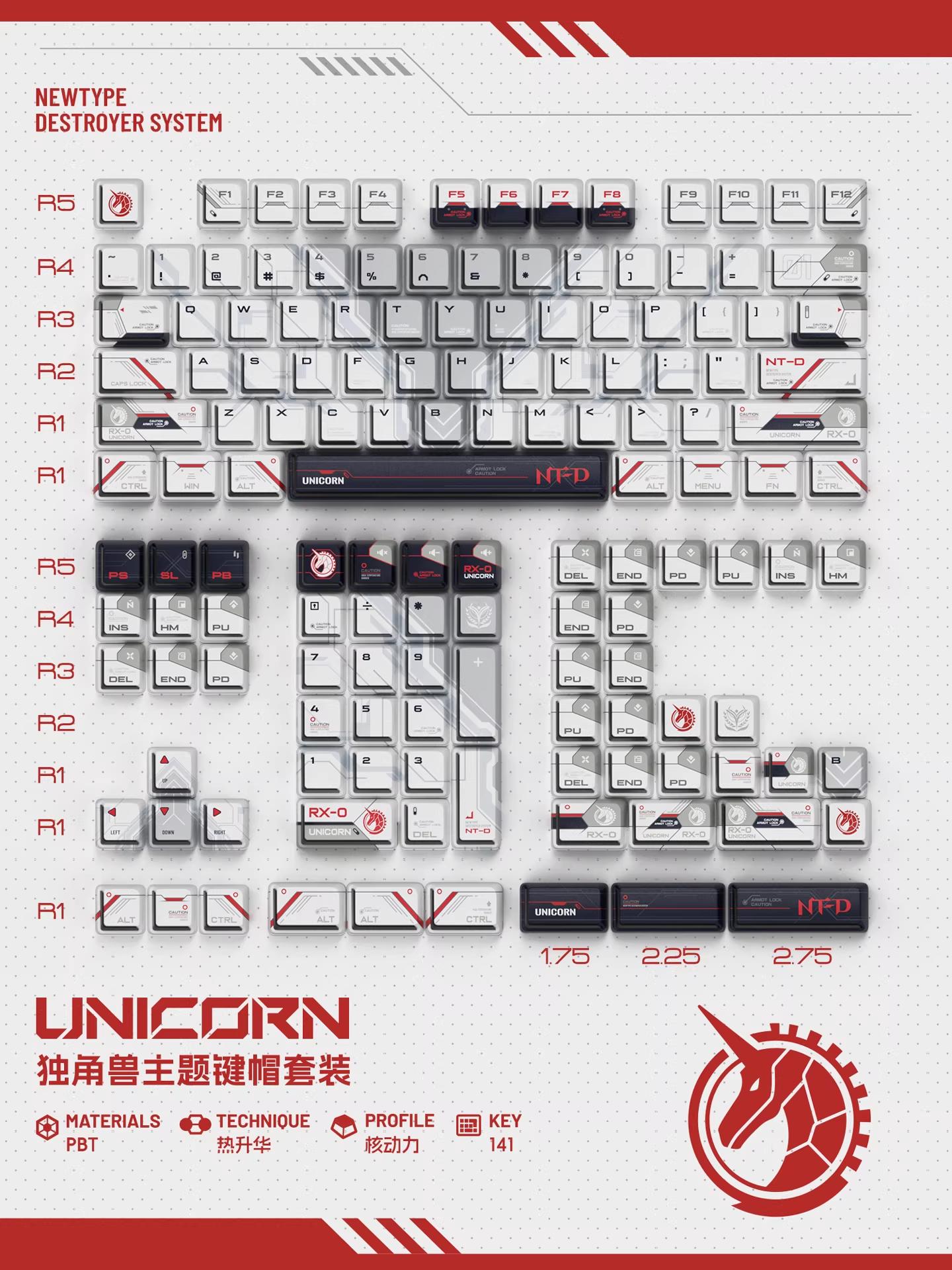 PIIFOX Unicorn Gundam Anime Theme Keycaps Nuclear Profile Dye Sub PBT+PC Keycap 141-Keys