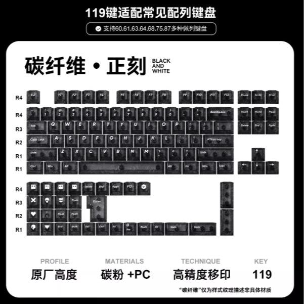 Titan Nation Carbon Fiber Keycaps Cherry Power Profile UV-Screen Printing PC Keycap 119-Keys