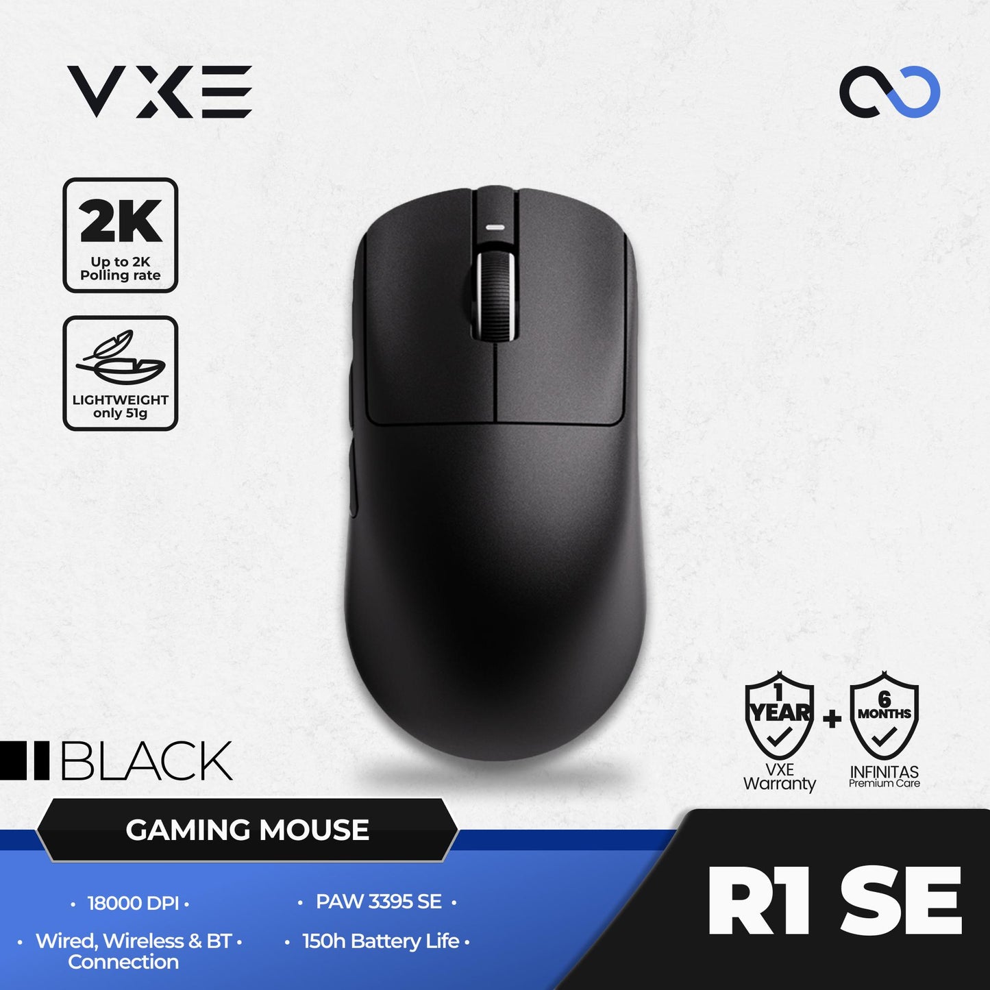 VXE R1 SE+ 1K Wireless Light Weight Ambidextrous PAW3395 SE Gaming Mouse
