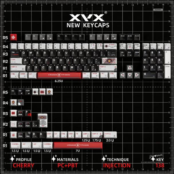 XVX Crimson Typhoon Nuclear Profile Keycap Double-Shot PBT+PC Plastic Keycaps (138-Key)