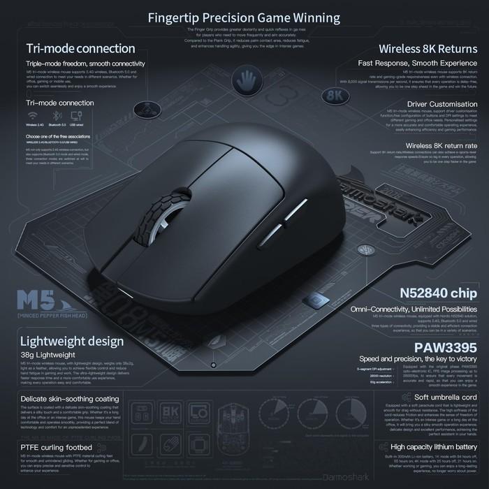 Darmoshark M5 Pro MP Fish Head 8K Wireless Ultra Light Finger Tip Gaming Mouse