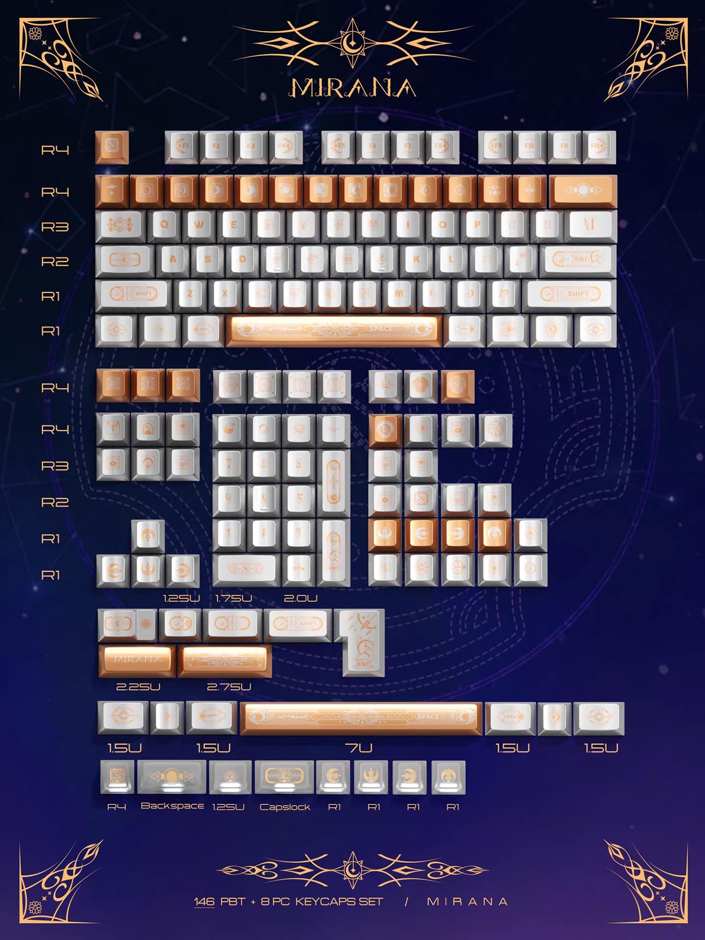 PIIFOX Orange Star and Moon Priestess / Mirana Chrome Keycaps Cherry Profile Dye Sub PBT+PC Keycap 154-Keys