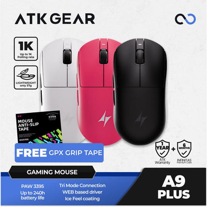 ATK A9 PLUS Wireless Light Weight PAW3395 Gaming Mouse GPX shape BONUS GPX GRIPTAPE