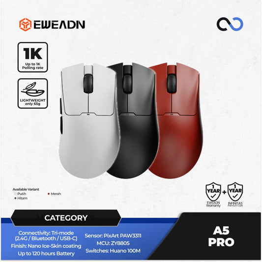 EWEADN A5 PRO Wireless Light Weight PAW3311 Ergonomic Gaming Mouse Deathadder V3 Shape