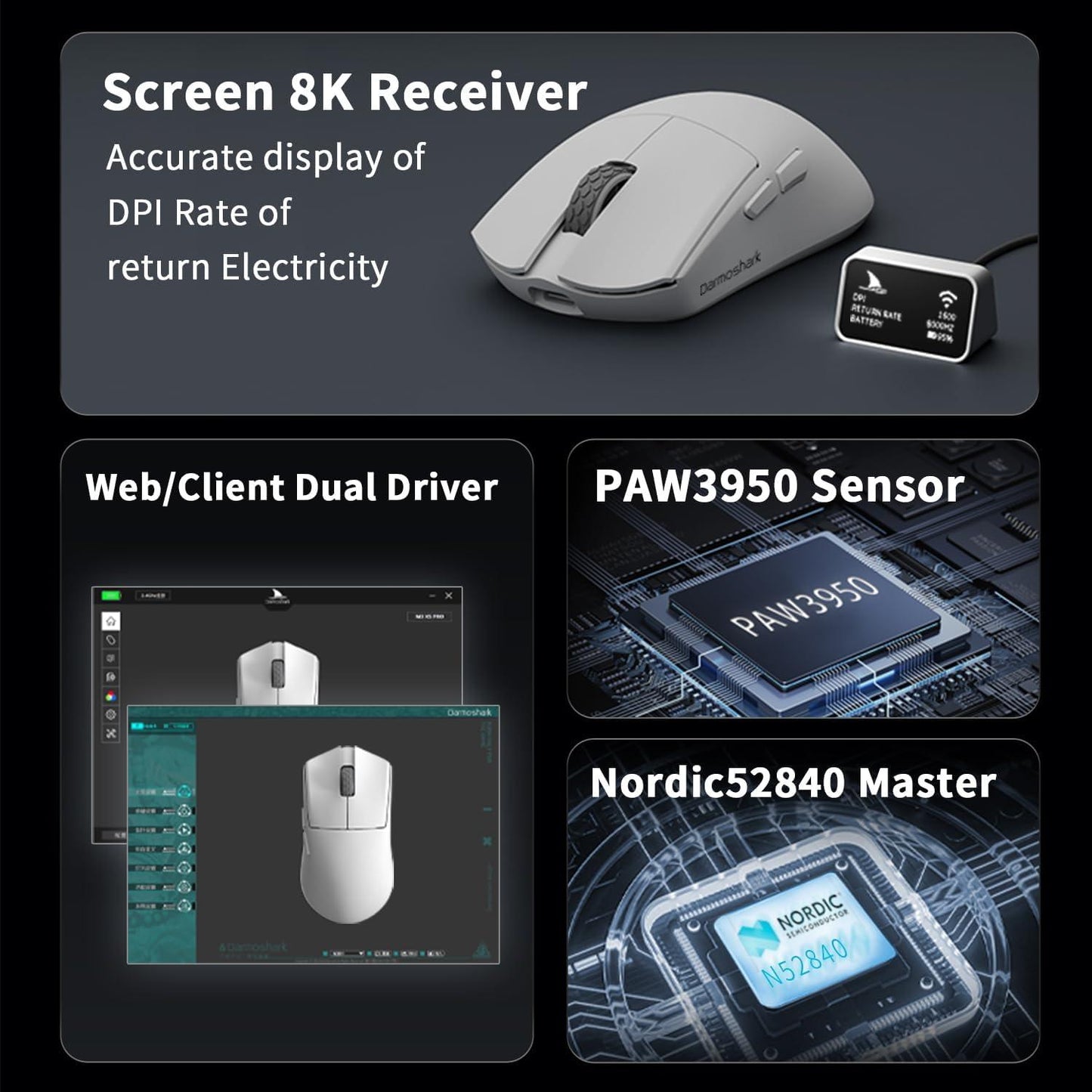 Darmoshark M3-XS PRO Ghostcat 8K Wireless Ultra Light PAW3950 Gaming Mouse