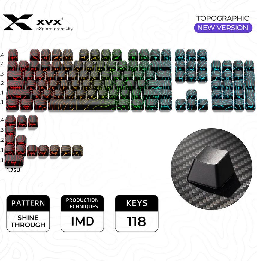 XVX Phantom Black Topographic Keycaps OEM Profile IMD-tech Keycap 118-Keys