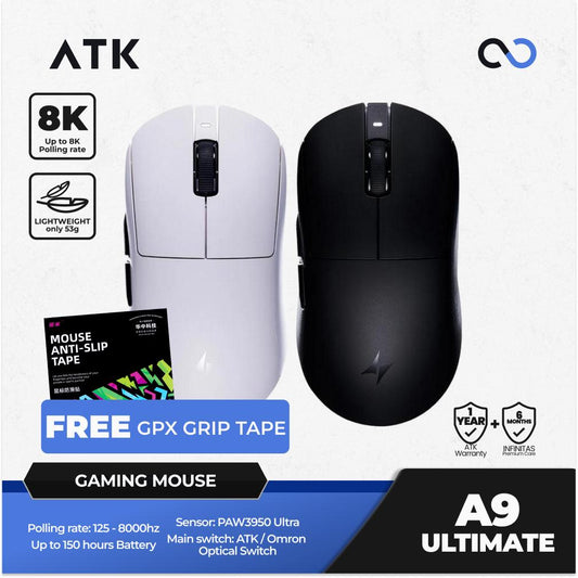 ATK A9 Ultimate 8K Wireless Light Weight PAW3950Ultra Gaming Mouse GPX shape FREE GPX GRIPTAPE