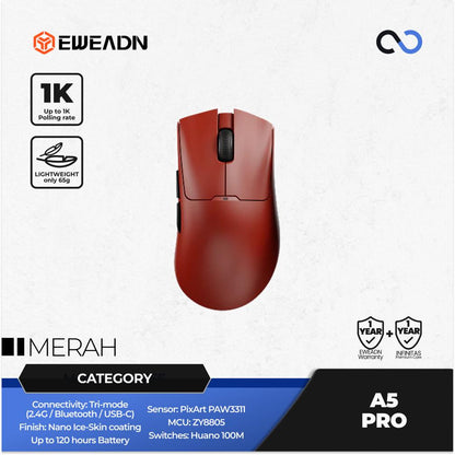 EWEADN A5 PRO Wireless Light Weight PAW3311 Ergonomic Gaming Mouse Deathadder V3 Shape