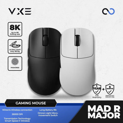 VXE MAD R MAJOR 8K Wireless Light Weight Ambidextrous PAW3950 Gaming Mouse