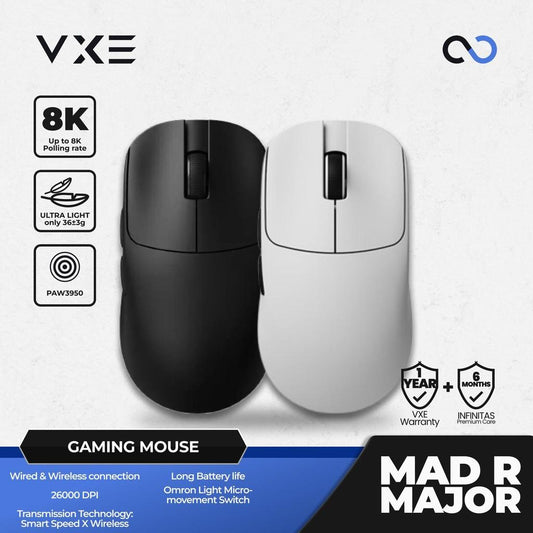 VXE MAD R MAJOR 8K Wireless Light Weight Ambidextrous PAW3950 Gaming Mouse
