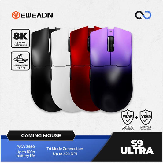 EWEADN S9 ULTRA 8K Wireless Light Weight PAW3950 Gaming Mouse Viper V3 Shape