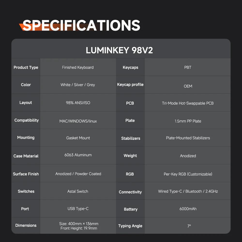 Luminkey LK98 V2 98% CNC Aluminum Wireless 8k Tri-Mode Mechanical Keyboard Gasket Mount Ball Catch Release