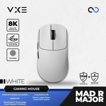 VXE MAD R MAJOR 8K Wireless Light Weight Ambidextrous PAW3950 Gaming Mouse