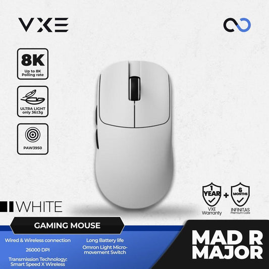 VXE MAD R MAJOR 8K Wireless Light Weight Ambidextrous PAW3950 Gaming Mouse