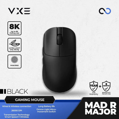 VXE MAD R MAJOR 8K Wireless Light Weight Ambidextrous PAW3950 Gaming Mouse