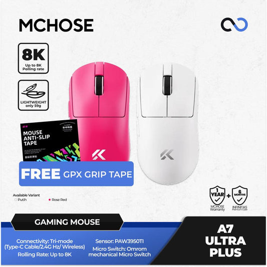 MCHOSE A7 V2 Ultra Plus 8K Wireless Ultra Light Weight PAW3950 TI Gaming Mouse GPX Shape BONUS GPX GRIP TAPE