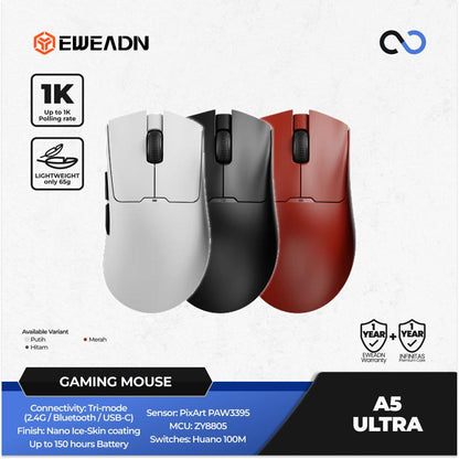 EWEADN A5 ULTRA Wireless Light Weight PAW3395 Ergonomic Gaming Mouse Deathadder V3 Shape