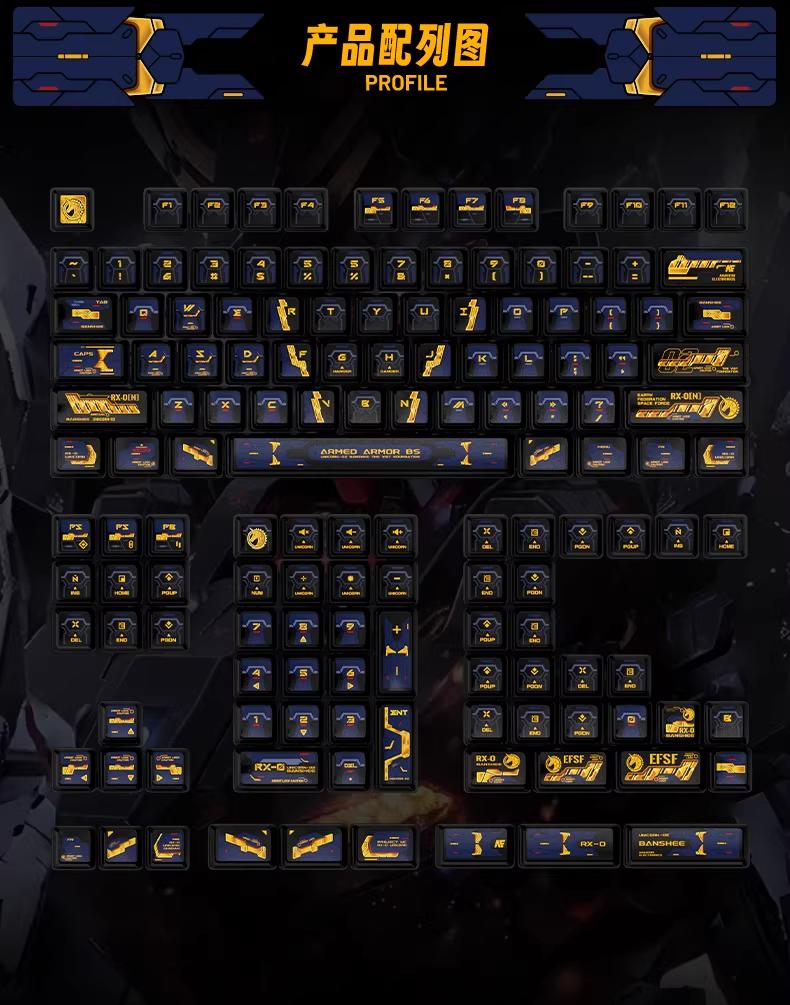 PIIFOX Banshee Gundam Anime Theme Keycaps Nuclear Profile Dye Sub PBT Keycap 141-Keys