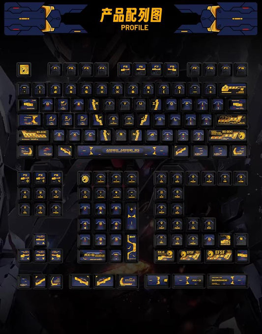 PIIFOX Banshee Gundam Anime Theme Keycaps Nuclear Profile Dye Sub PBT Keycap 141-Keys