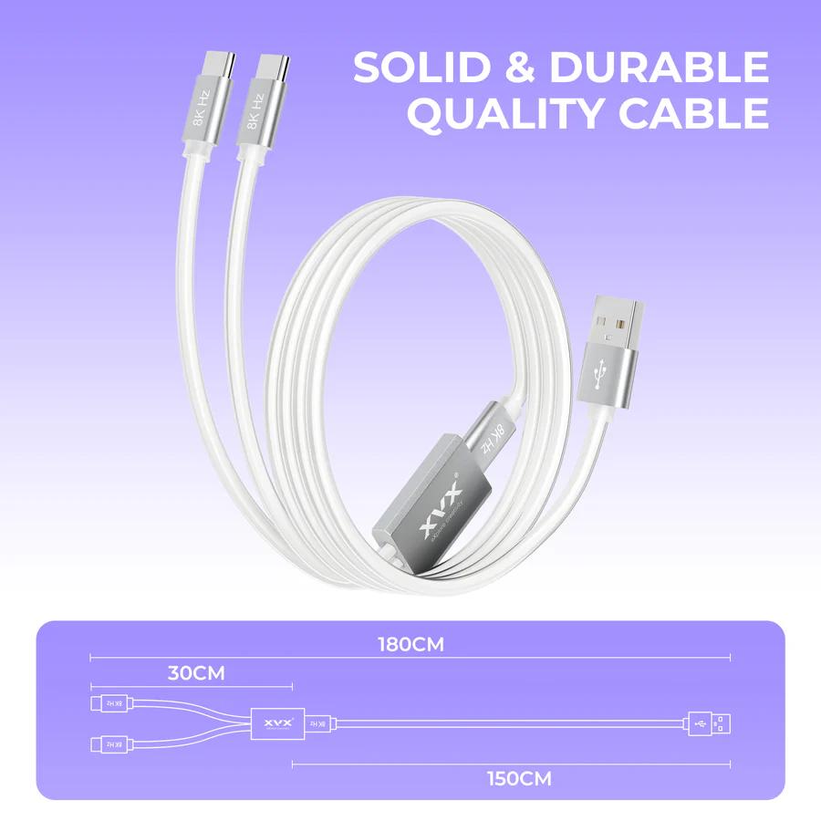 XVX CC8 Crystal Dual Output Braided RGB Cable 8k USB Type A to C 2 in 1 Mechanical Keyboard / Mouse Kabel Wire