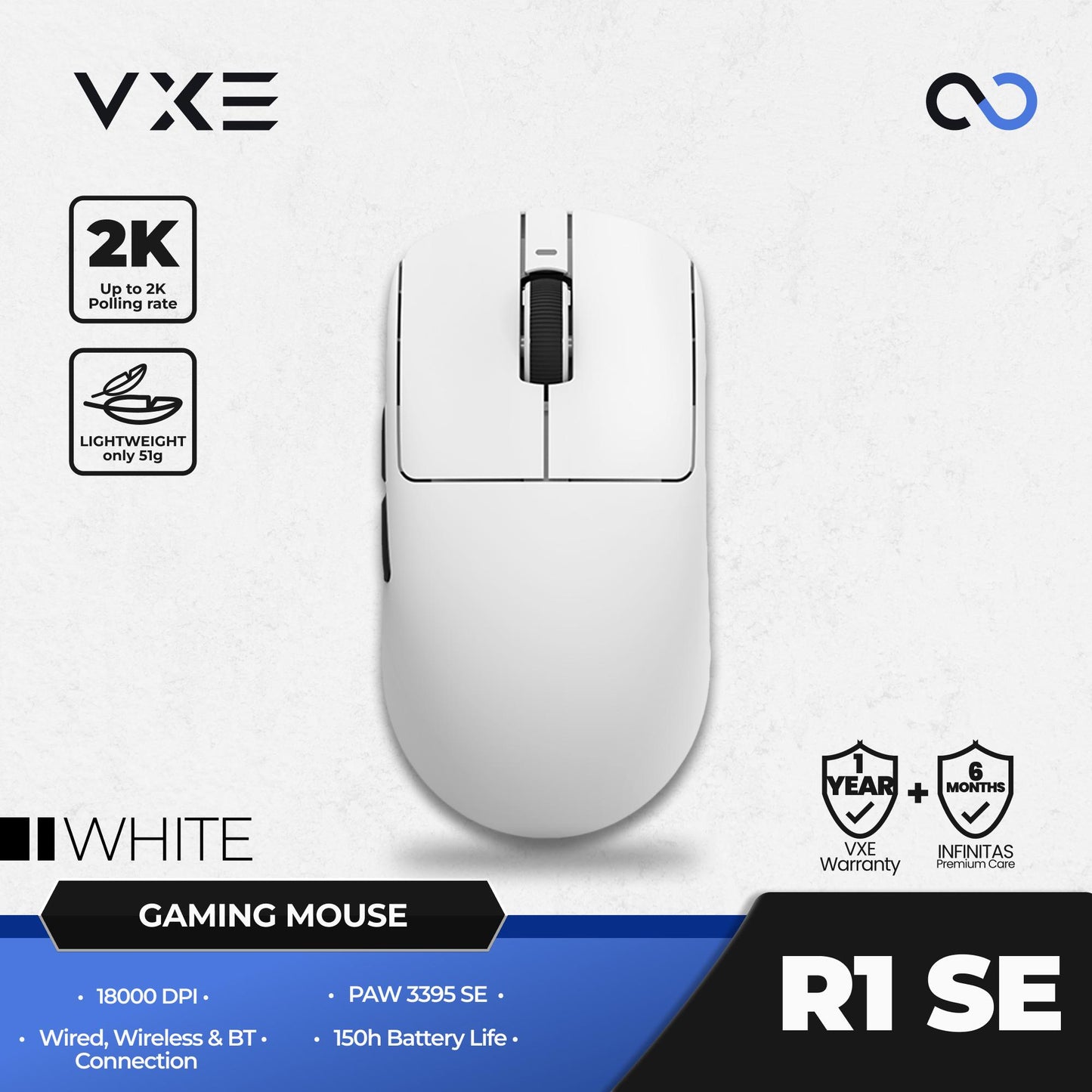 VXE R1 SE+ 1K Wireless Light Weight Ambidextrous PAW3395 SE Gaming Mouse