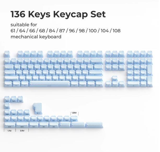 XVX Jelly Waves R2 Blue Keycaps OEM Profile Side-Print PC Plastic (Top Layer Coating) + ABS Plastic (Second Layer) PC + ABS Plastic Double Shot  Keycap 136-Keys