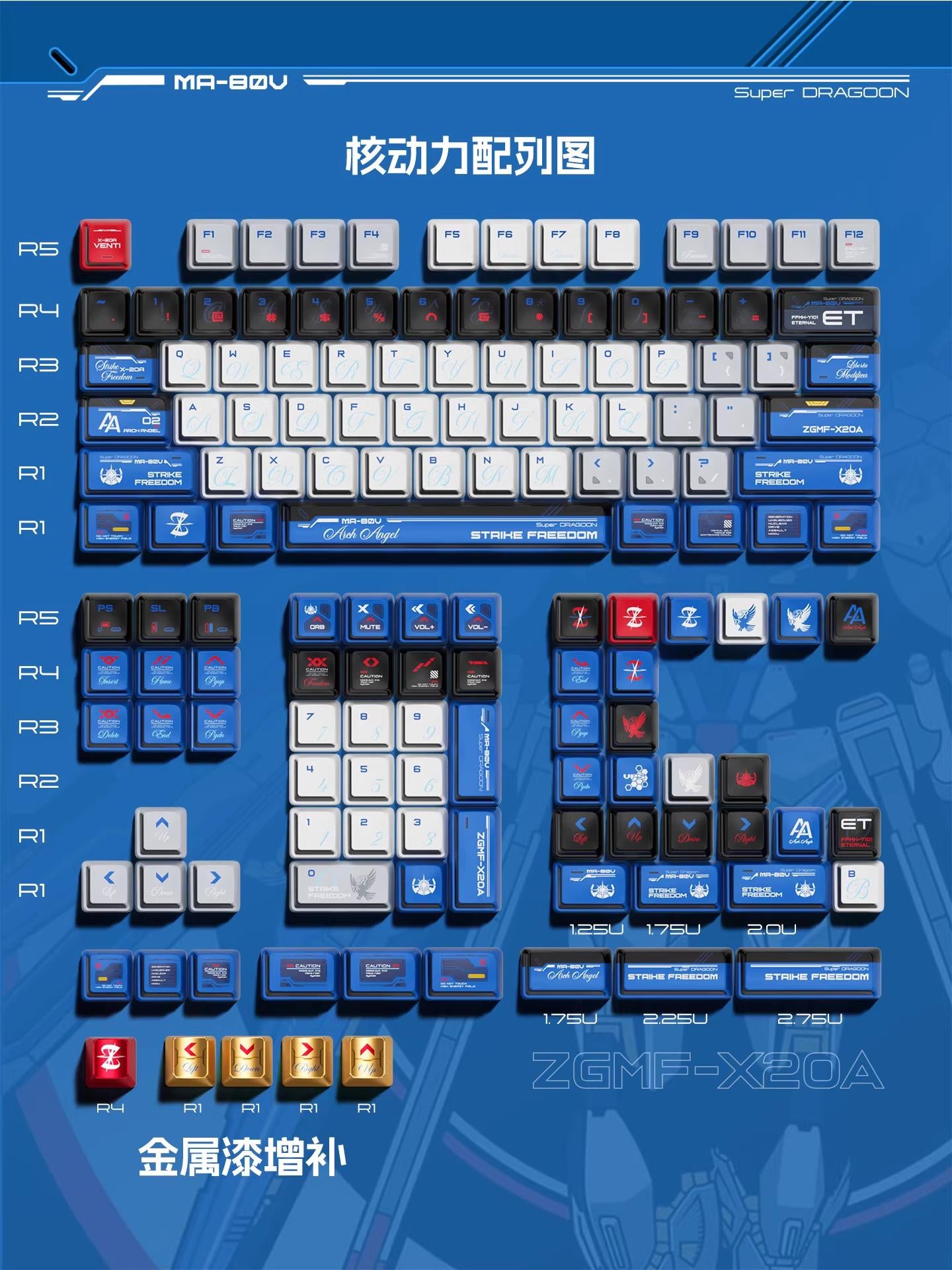PIIFOX Strike Freedom Gundam Theme Anime Keycaps Nuclear Power Profile Dye Sub PBT+PC Keycap 144-Keys